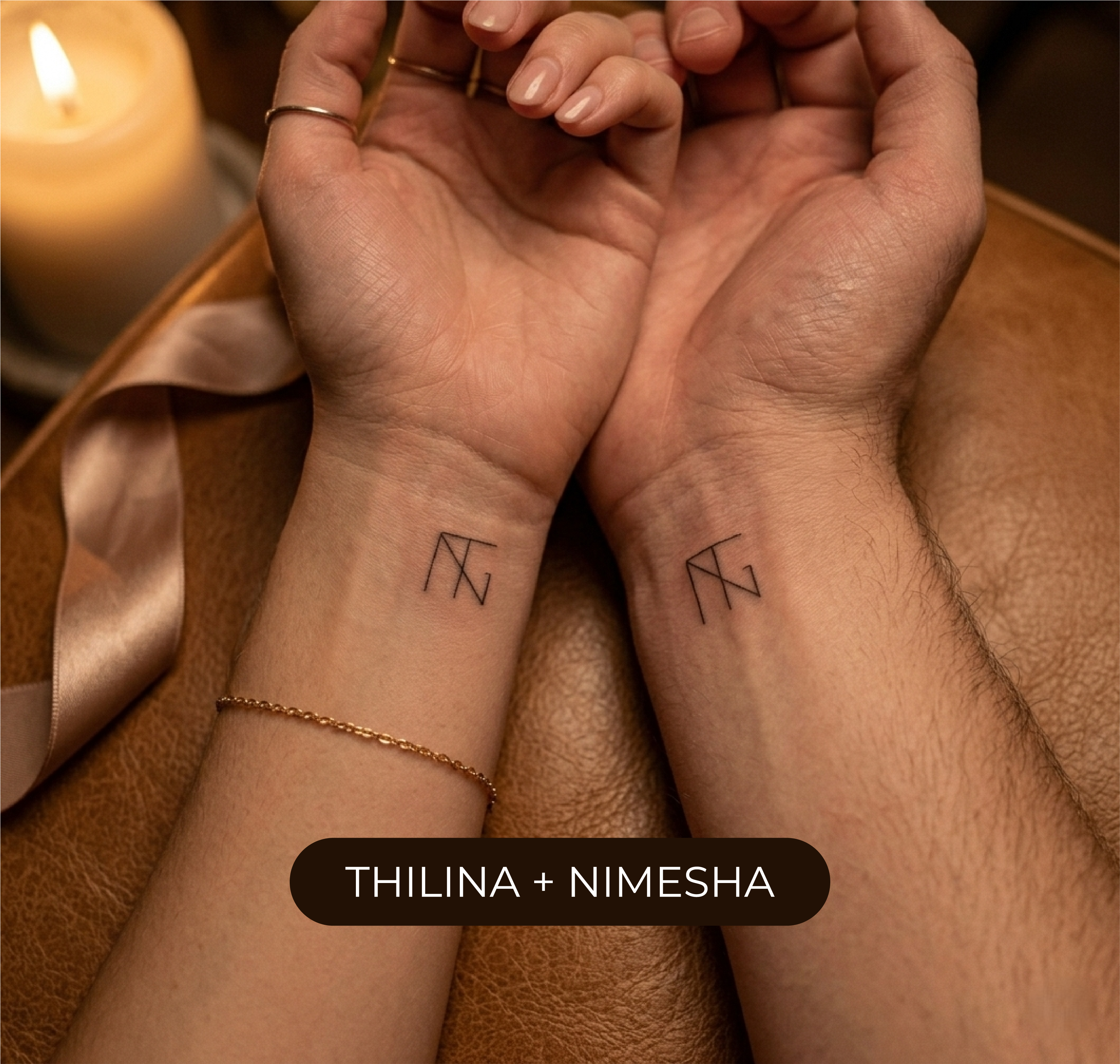 Couple showcasing monogram identity applications